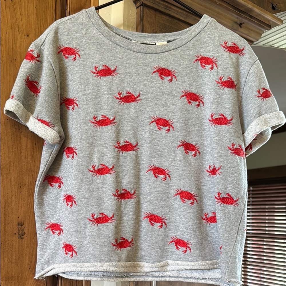 Anthropologie Gray and Red Crab Pattern top